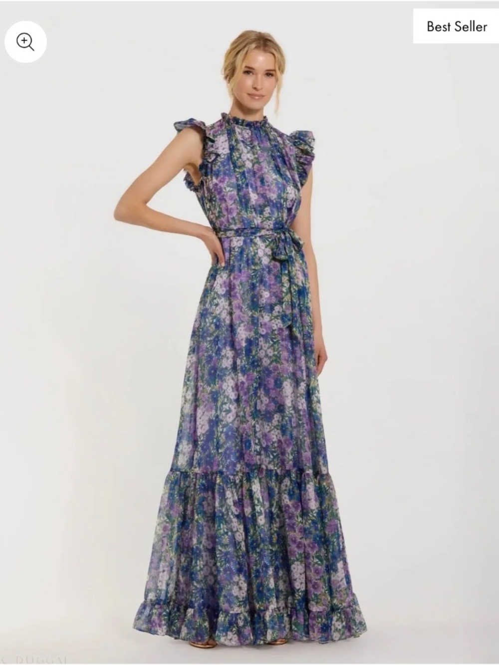 Mac Duggal Purple Floral Chiffon Cap Sleeve Gown